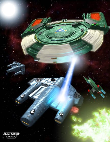 Andromedan Invader ship attacking ISC and Vudar ships. Artwork by Adam Turner 2010.
