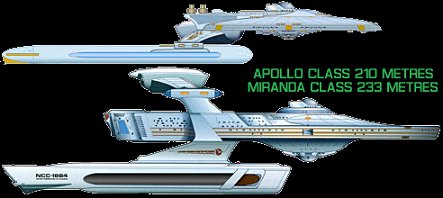 Size comparison between the Miranda class light cruiser and Apollo class frigate. Image copyright Bernd Schneider.